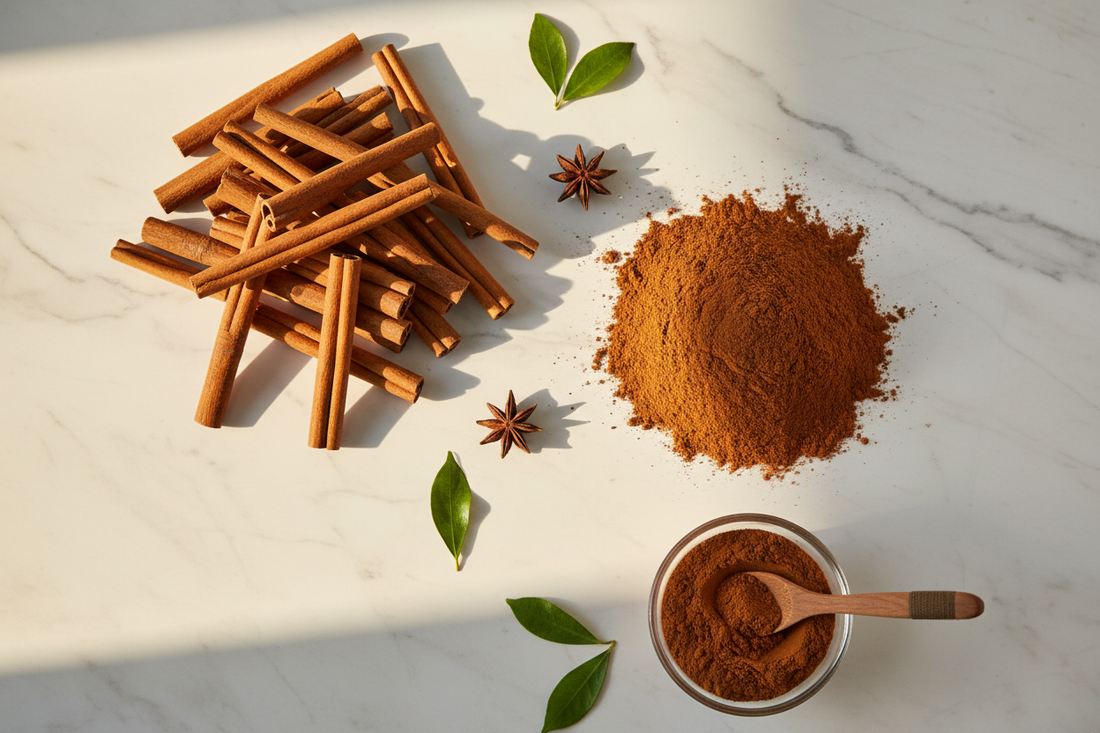 True Ceylon cinnamon sticks and powder illustrating the daily health benefits of Ceylon cinnamon for wellness and metabolic support