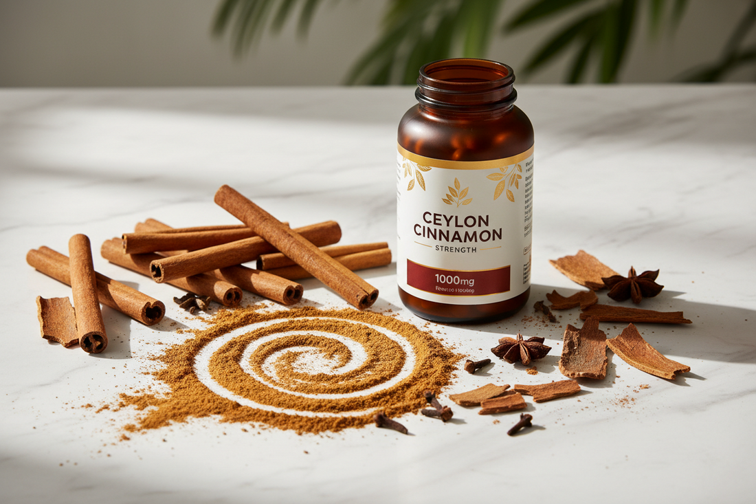 High-strength Ceylon Cinnamon 7200mg capsules with True Ceylon cinnamon sticks illustrating blood sugar support and metabolic wellness