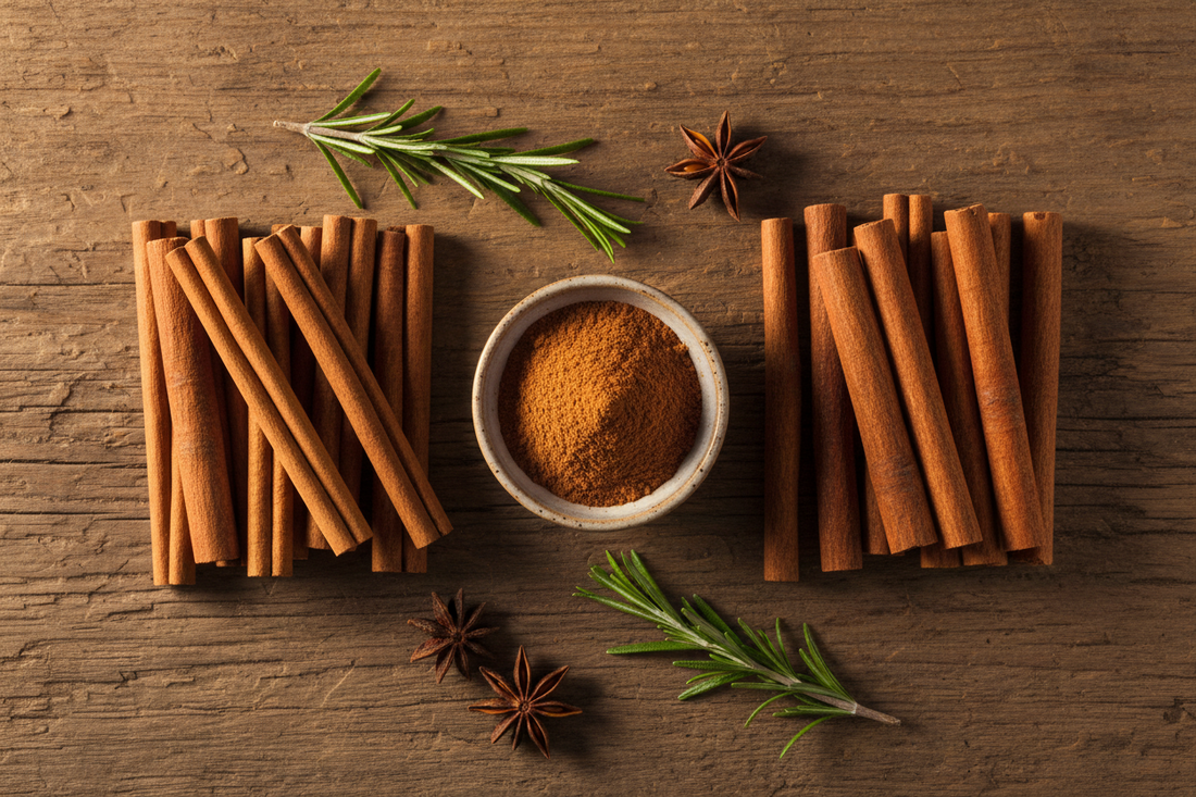 True Ceylon cinnamon sticks and powder with MCT oil illustrating the health benefits and differences from Cassia cinnamon